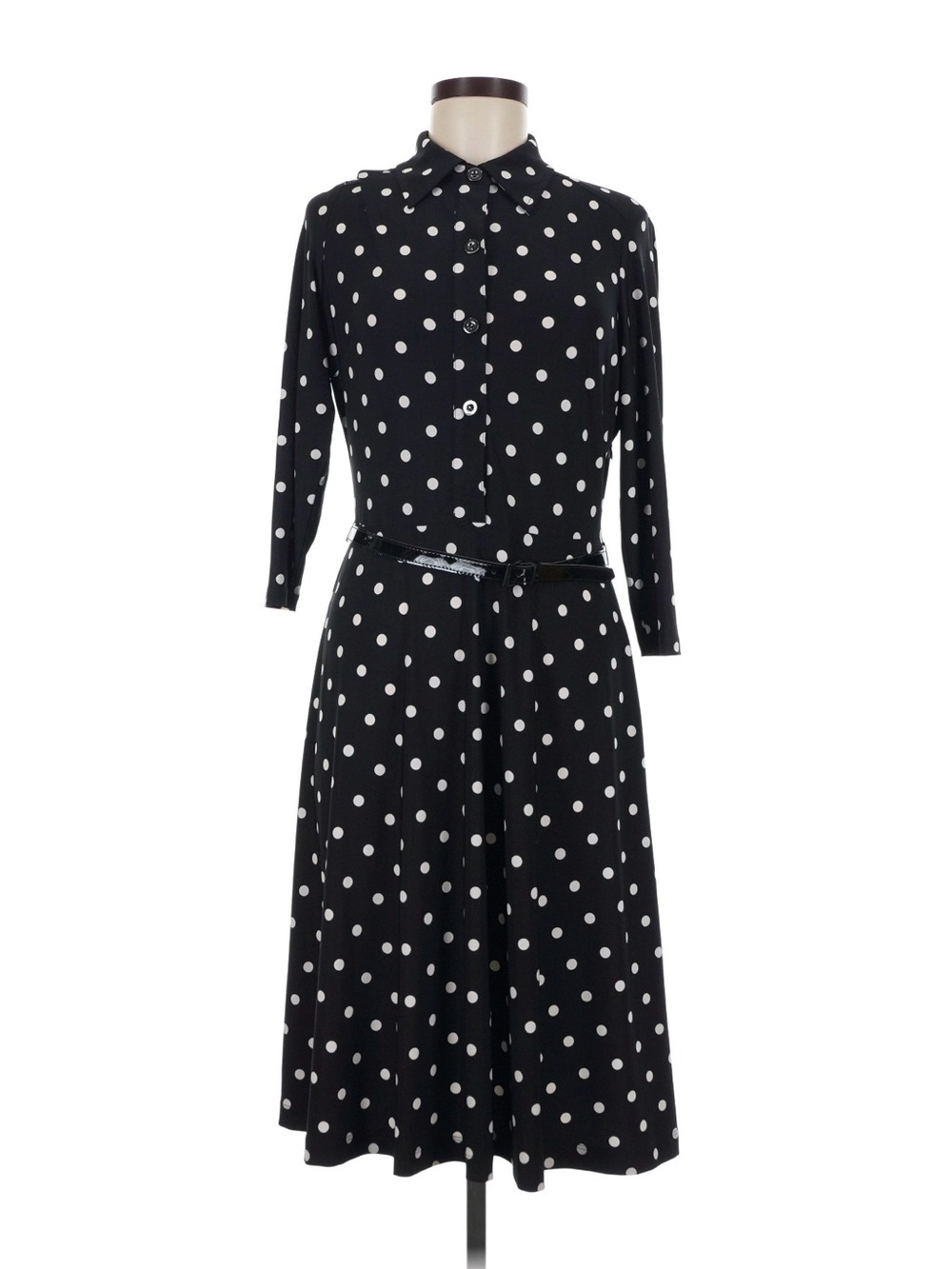 Evan-Picone Black White Polka Dot Midi Dress Belt 3/4 Sleeve Size 8 - Picture 5 of 11